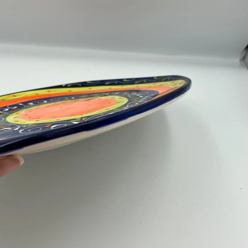 Pier 1 Imports Cypress Stripes Oval Platter Hand Painted Earthenware Spain 15x10